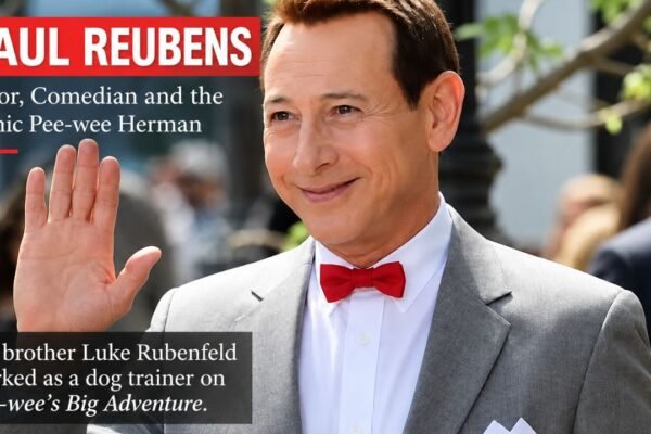 Paul Reubens as Pee-wee Herman in a gray suit and red bow tie, featured in an article about his brother Luke Rubenfeld and his animal-training work.